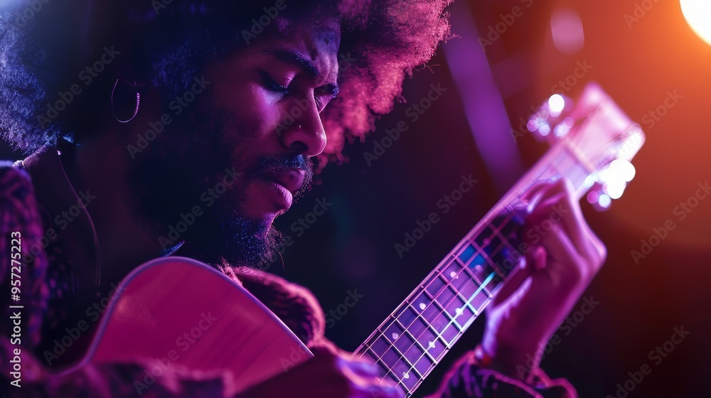 Obraz premium An Afro man playing an acoustic guitar
