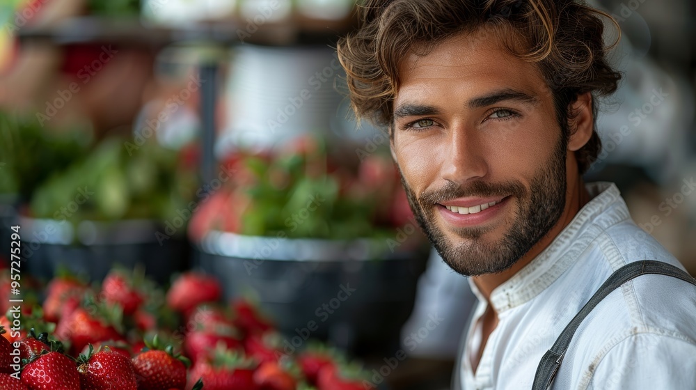 A young man smiles while arranging fresh strawberries at a local farmer's market during a sunny afternoon in summer A young man smiles while arranging fresh strawberries at a local farmer's market during a sunny afternoon in summer