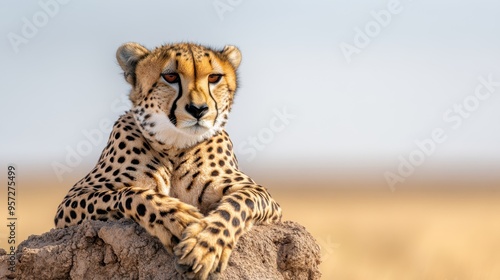 A majestic cheetah resting on a rock, showcasing its unique spotted coat in a serene landscape. A symbol of grace and speed. photo