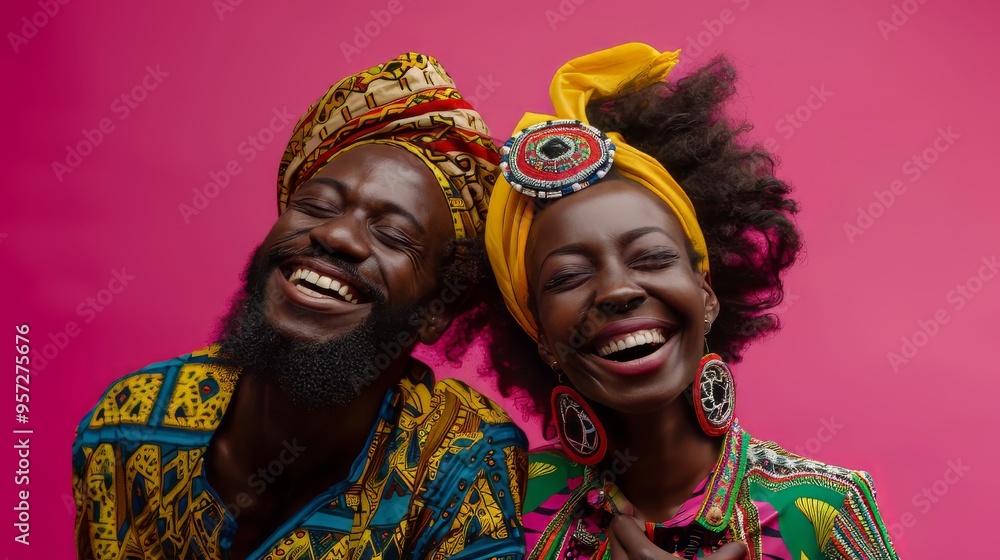 A happy Afro couple dancing together, wearing traditional clothing A happy Afro couple dancing together, wearing traditional clothing