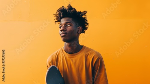  A cool Afro teen holding a skateboard photo