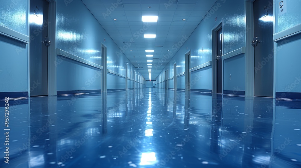 Fototapeta premium Long, reflective corridor in a modern building with bright lights and blue flooring, conveying a sense of calm and emptiness