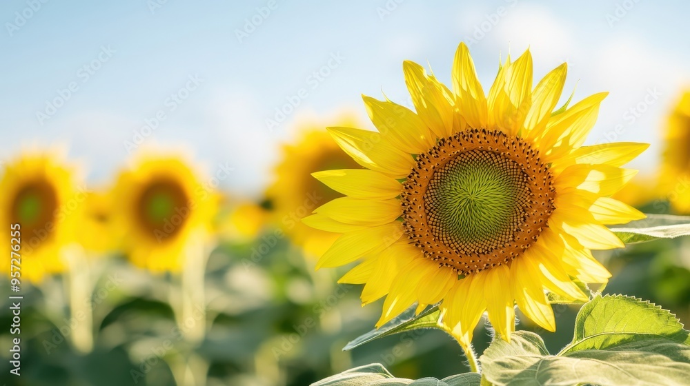 A vibrant sunflower stands tall against a bright blue sky, surrounded by a field of blooming sunflowers. Perfect for nature lovers. A vibrant sunflower stands tall against a bright blue sky, surrounded by a field of blooming sunflowers. Perfect for nature lovers.