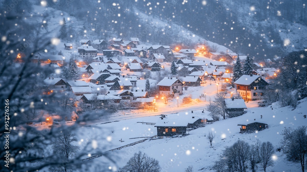 First snowfall of the season covering a small village, winter weather, fresh and clean First snowfall of the season covering a small village, winter weather, fresh and clean