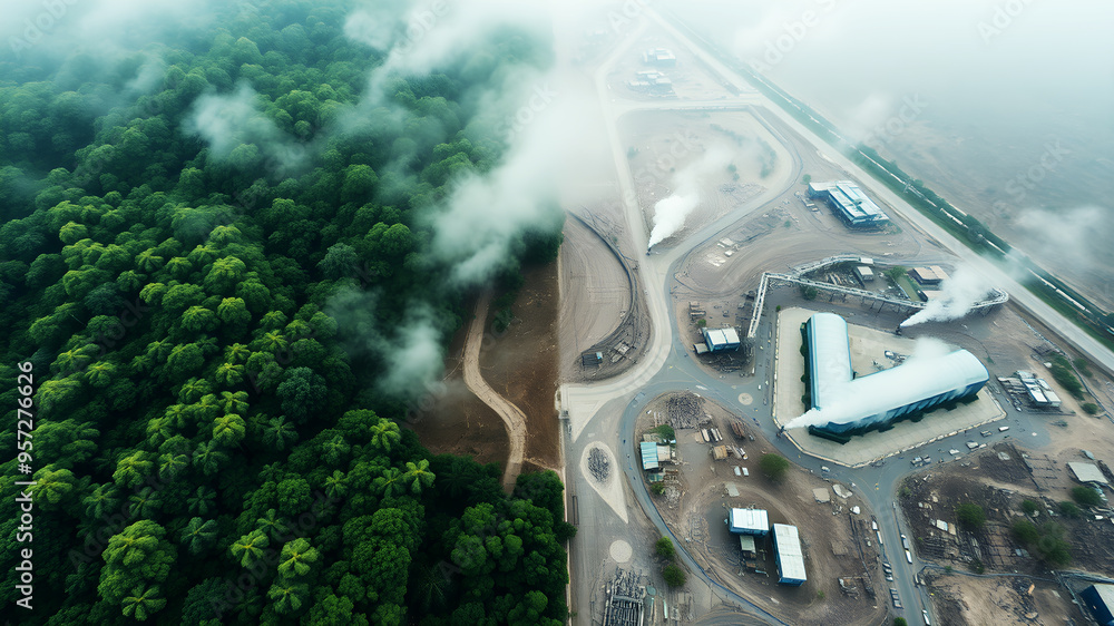 top view A contrast of two worlds: one side depicting a lush, green ...