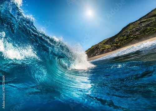 A powerful teahupoo wave, famous for surfing, looms with crystal blue waters and frothy white spray.. calm weather on sea or ocean with clouds photo