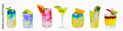 Photography Cocktail collection, Set of variety colorful Alcohol Cocktail, Mock-tail lemonade soda drink with lime and mints