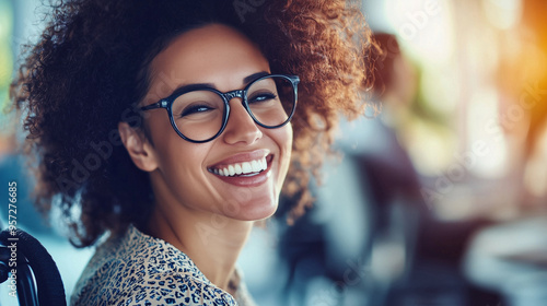 young woman with glasses in wheelchair enjoying life Generative AI