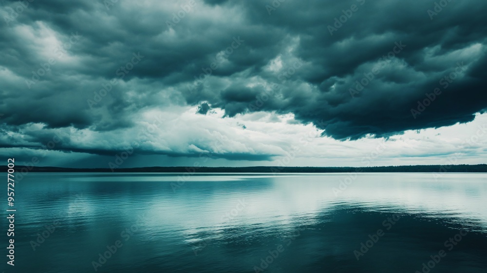 Fototapeta premium Storm clouds moving in over a calm lake, approaching weather, impending storm