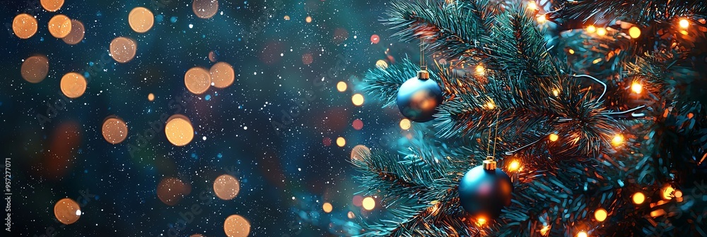 Snow-kissed Christmas tree branches decorated with glowing lights and ornaments in a snowy setting, evoking joy and warmth of the holiday season. Snow-kissed Christmas tree branches decorated with glowing lights and ornaments in a snowy setting, evoking joy and warmth of the holiday season.