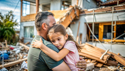 Father and daughter hugging each other in front of a damaged house.