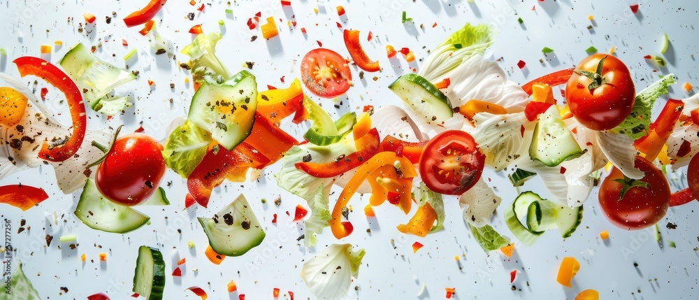 Vibrant and fresh salad ingredients flying through the air, showcasing colorful vegetables like tomatoes, peppers, and lettuce. Vibrant and fresh salad ingredients flying through the air, showcasing colorful vegetables like tomatoes, peppers, and lettuce.
