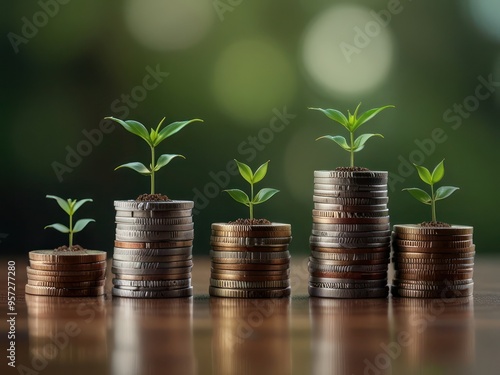 Growing Wealth: Coins and Seedlings Represent Financial Growth and Sustainability