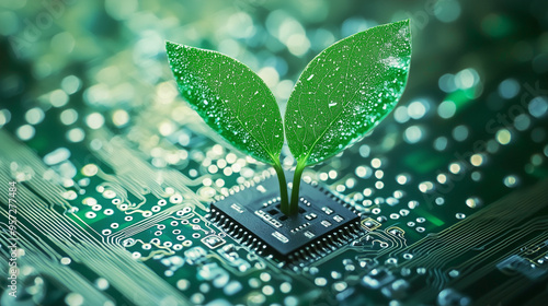 technological concept plant grows from microchip Generative AI photo