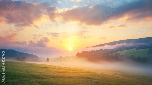 Sunrise breaking through morning fog over rolling hills, foggy weather, peaceful dawn