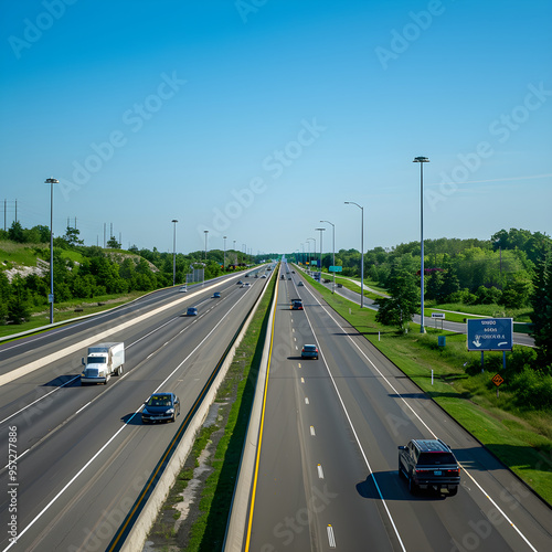 A Serene and Dynamic Highway Expanding into the Horizon, Embracing The Daily Hustle And Bucolic Charm Under a Clear Blue Sky