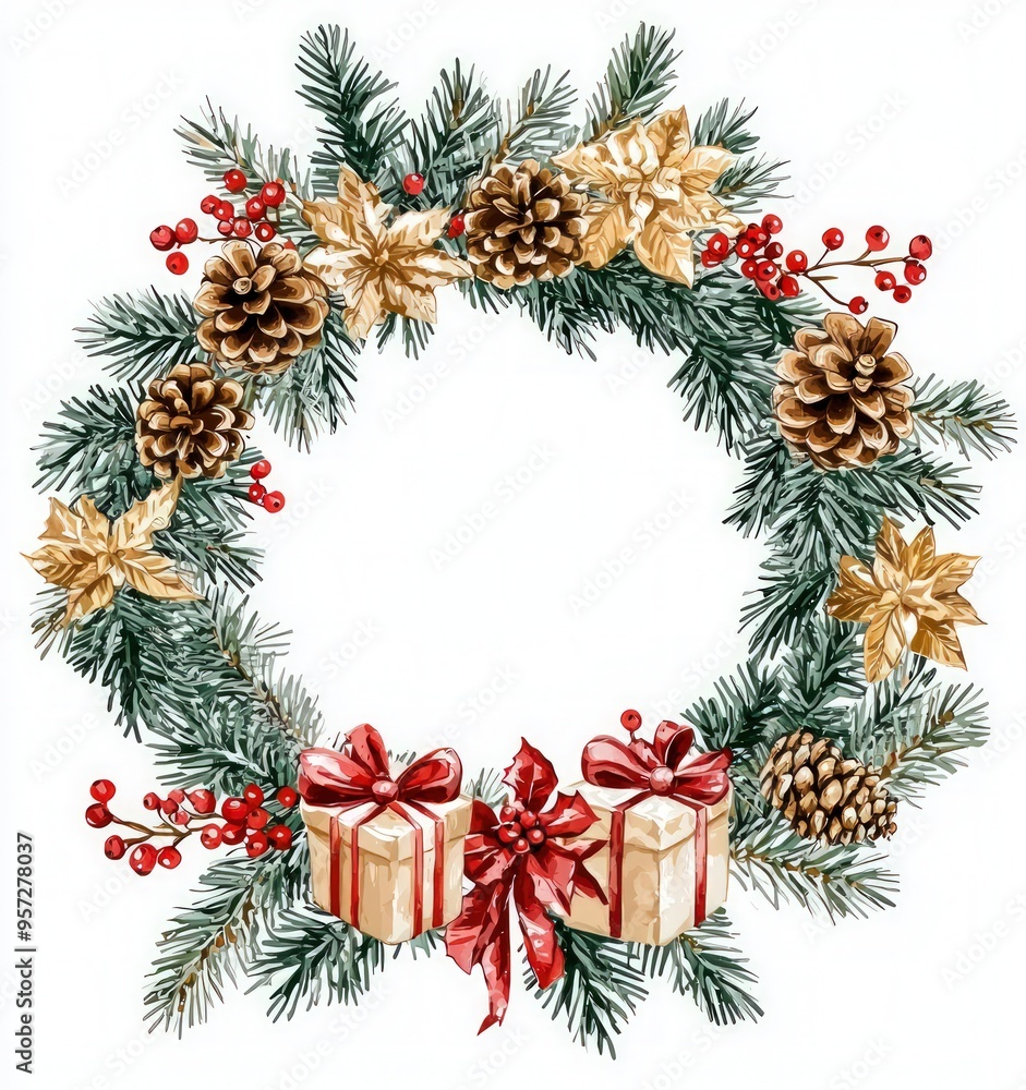Artistic watercolor wreath with pine trees and festive elements, white background. Artistic watercolor wreath with pine trees and festive elements, white background.