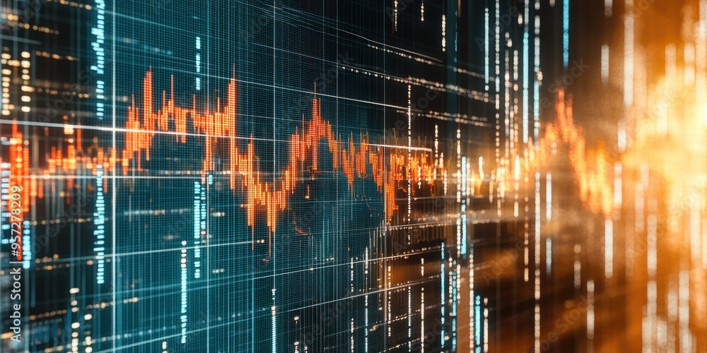 Fototapeta premium 3D render, futuristic stock market scene with data visualized as flowing energy currents