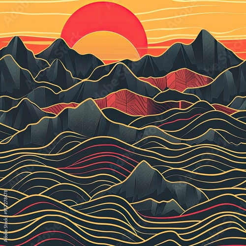 Abstract Mountain Range with Sunset and Wavy Lines photo