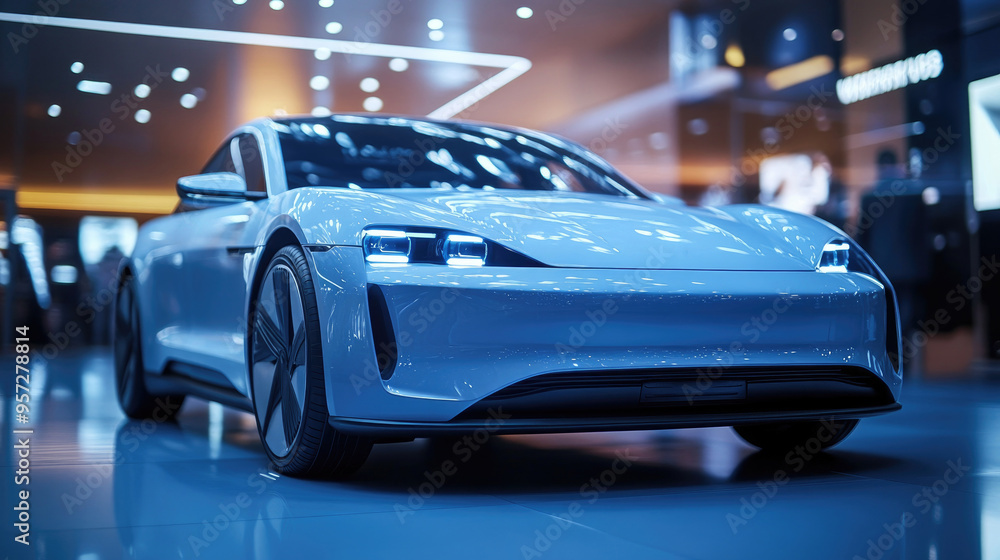 Obraz premium Futuristic Electric Car in a Modern Showroom Setting with LED Lighting