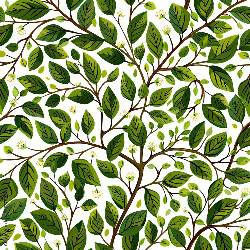 Lush Green Foliage with White Flowers and Brown Branches on a White Background