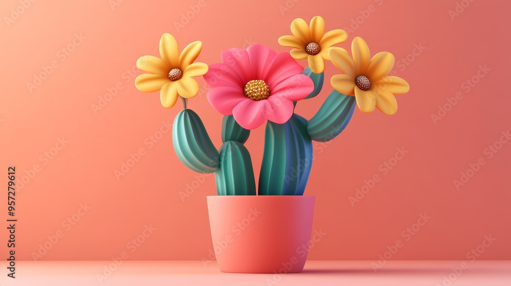 Fototapeta premium A vibrant, colorful cactus with flowers in a pink pot against a soft pastel background, perfect for home decor or botanical themes.
