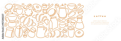 Coffee line bakery art template Cups, glass, bean