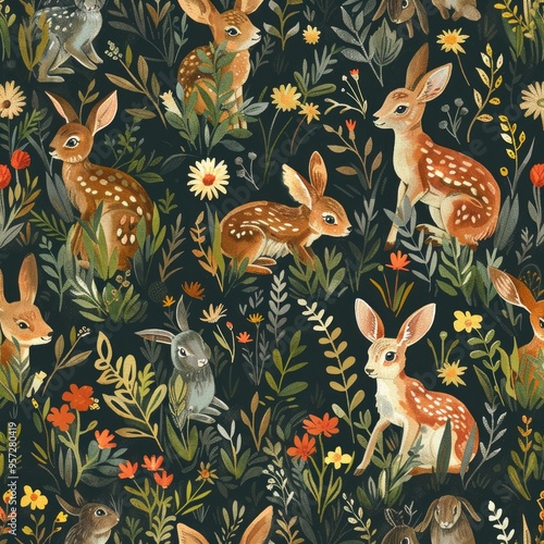 Watercolor Pattern of Deer and Bunnies in a Forest