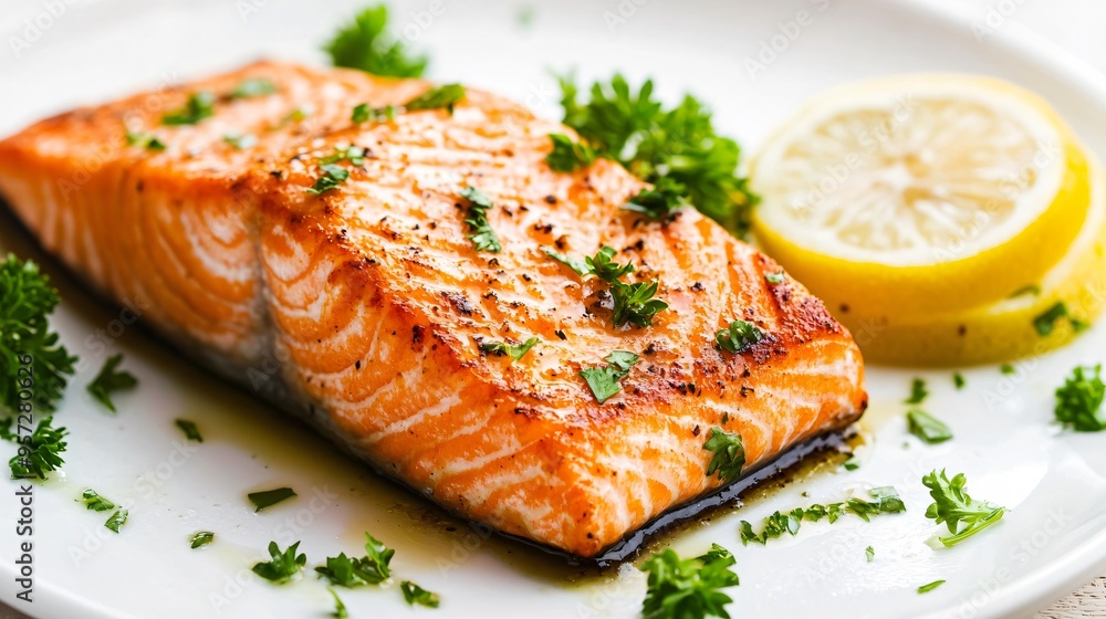 Juicy salmon fillet with a crispy skin, served with a lemon butter sauce, light and flavorful. Juicy salmon fillet with a crispy skin, served with a lemon butter sauce, light and flavorful.