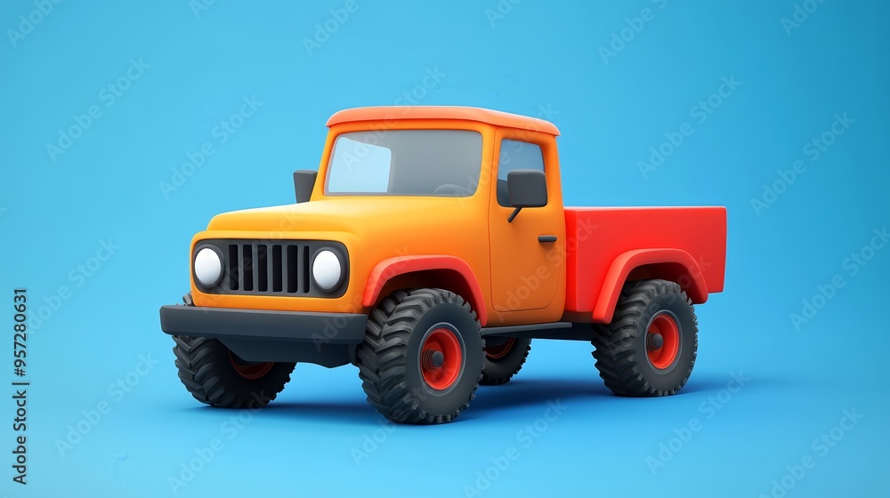 Vibrant orange pickup truck model against a blue background, perfect for creative projects and playful automotive themes. Vibrant orange pickup truck model against a blue background, perfect for creative projects and playful automotive themes.