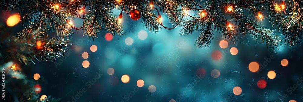 The image showcases festive pine branches adorned with glowing Christmas lights and ornaments, evoking a warm holiday ambiance against a blurred background. The image showcases festive pine branches adorned with glowing Christmas lights and ornaments, evoking a warm holiday ambiance against a blurred background.