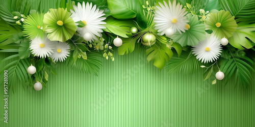 A green background with white flowers and leaves photo