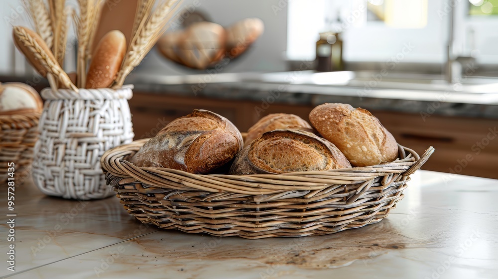 An assortment of artisanal breads in a wicker basket An assortment of artisanal breads in a wicker basket