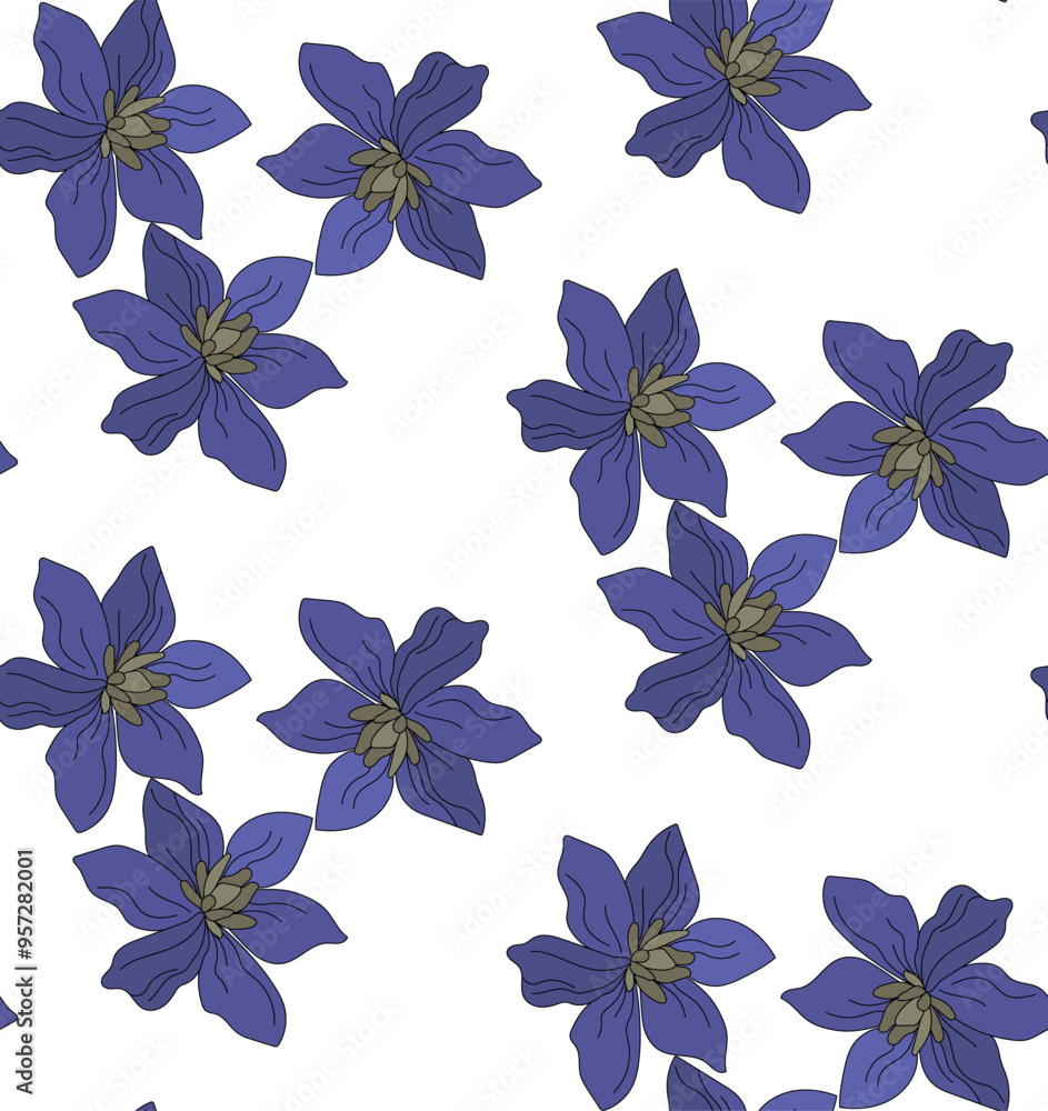 Fototapeta premium Bright purple flowers, seamless pattern on a transparent background