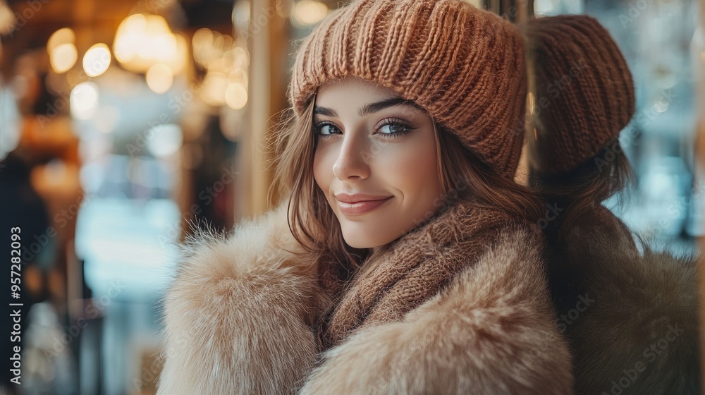 Smiling Woman in Warm Winter Clothing with Knitted Hat Outside in Urban Setting Smiling Woman in Warm Winter Clothing with Knitted Hat Outside in Urban Setting
