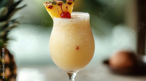 A classic pia colada with a slice of pineapple and a cocktail cherry photo