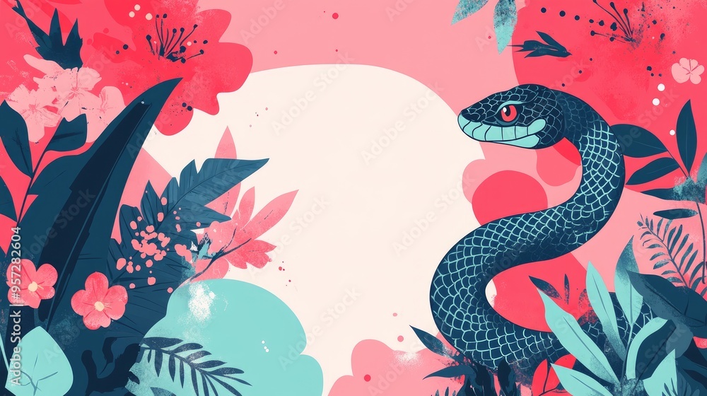 Colorful Wildlife Illustration: Tropical Snake Surrounded by Vibrant Leaves and Flowers Colorful Wildlife Illustration: Tropical Snake Surrounded by Vibrant Leaves and Flowers