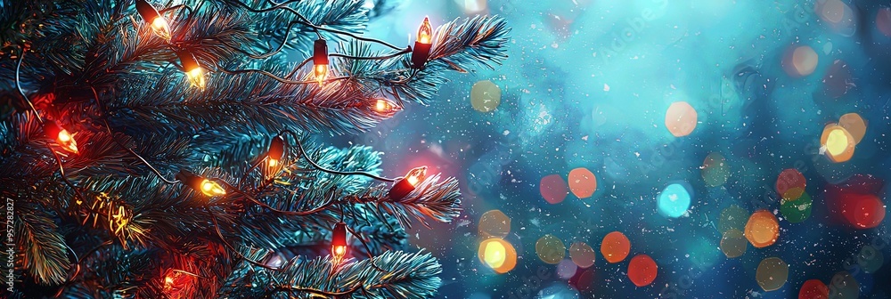 Φωτογραφία A close-up of a decorated Christmas tree adorned with colorful lights, creating a vibrant and festive ambiance with a beautiful bokeh effect in the background