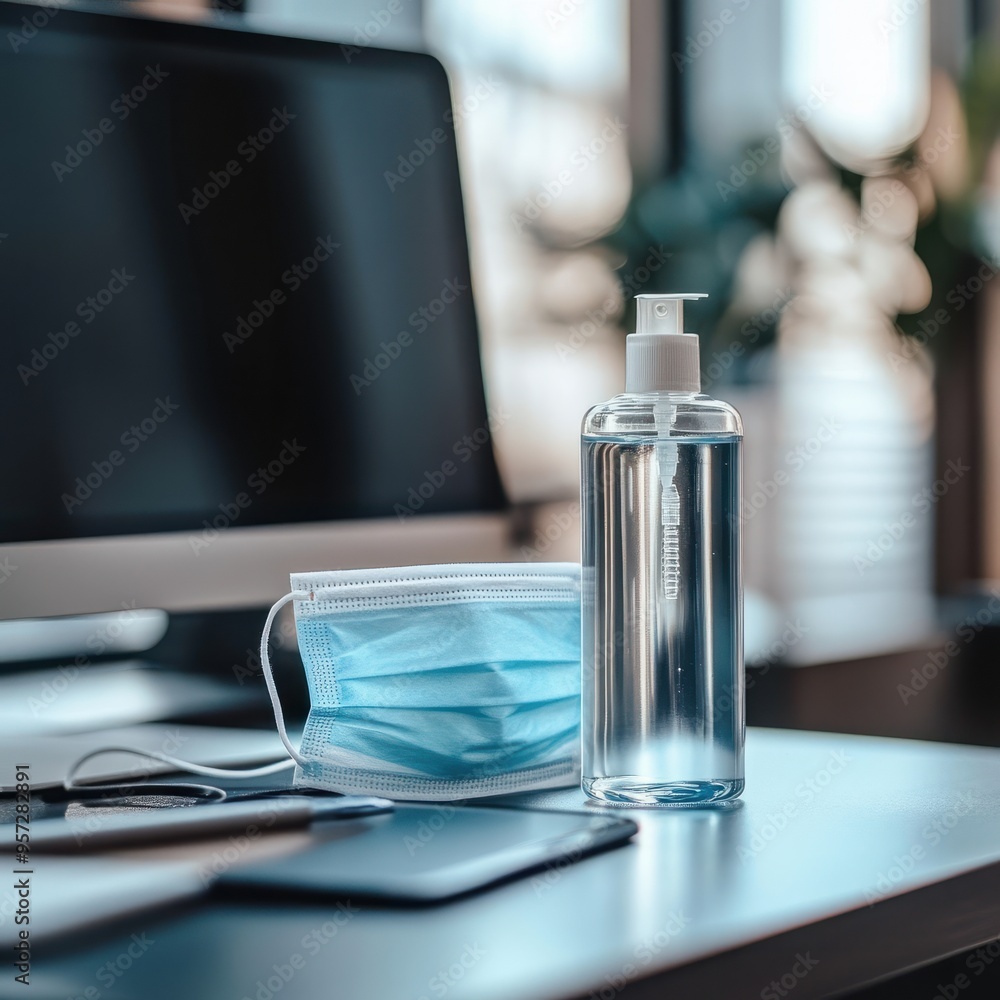 A close-up of a face mask and hand sanitizer on a desk A close-up of a face mask and hand sanitizer on a desk