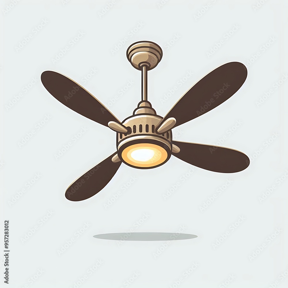 A flat illustration vector image of a ceiling fan with three blades and a light fixture, placed on a solid white background. A flat illustration vector image of a ceiling fan with three blades and a light fixture, placed on a solid white background.