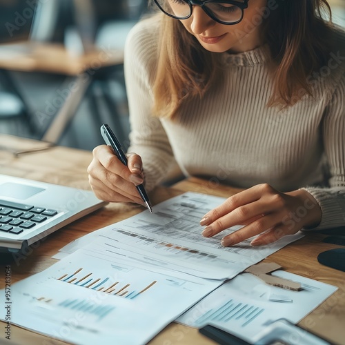 Businesswoman Analyzing Financial Data Charts Graphs