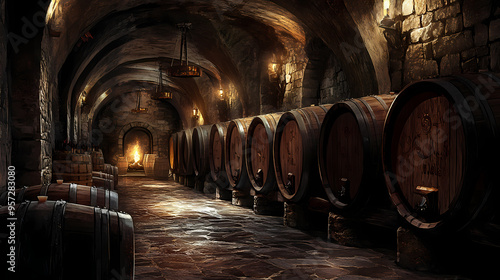 A dimly lit wine cellar with large wooden barrels stored along the stone walls and floor, creating an atmospheric and historical ambiance. Historical. Illustration photo