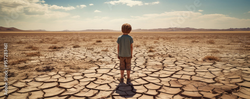 Small boy standing on dry lake or land. enviroment concept. cracked earth panorama photo.