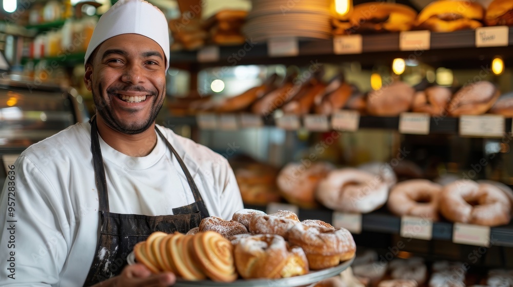 Smiling Baker Holding Freshly Baked Pastries in a Cozy Bakery with Shelves Full of Bread and Doughnuts Smiling Baker Holding Freshly Baked Pastries in a Cozy Bakery with Shelves Full of Bread and Doughnuts