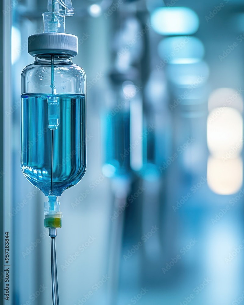 A close-up of an IV drip bag in a hospital room A close-up of an IV drip bag in a hospital room