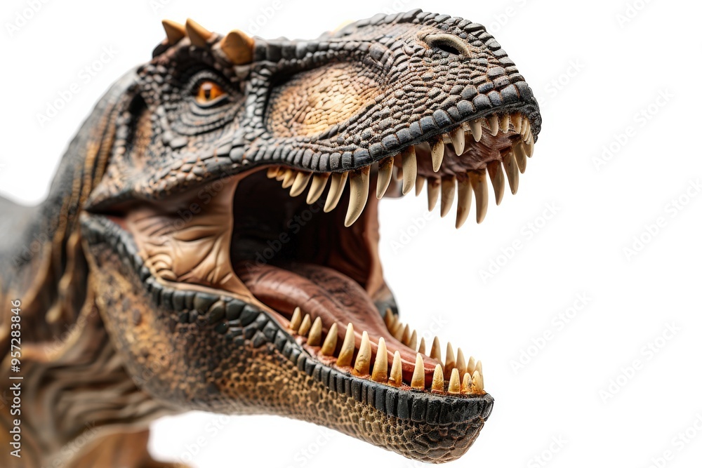 Naklejka premium Dino. Terrifying T-Rex Dinosaur Figurine with Sharp Teeth on White Background