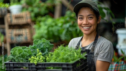 Woman smiling while holding a basket of freshly harvested greens at local market in the morning sunlight