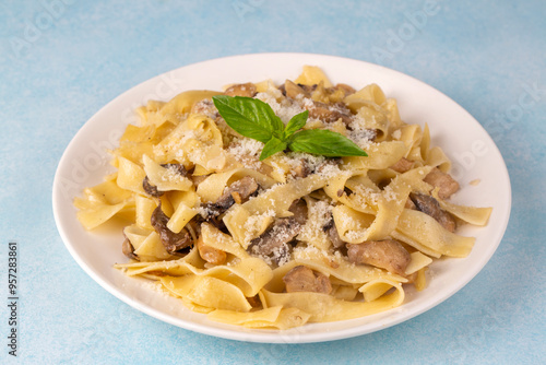 Homemade Italian fettuccine pasta (Fettuccine al Funghi Porcini) with mushroom and cream sauce. Traditional Italian cuisine.