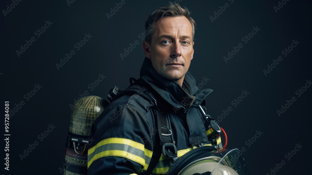 Portrait of a Confident Firefighter in Full Gear with Helmet Against Dark Background Portrait of a Confident Firefighter in Full Gear with Helmet Against Dark Background