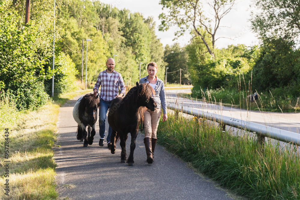 Farmer couple Walking with Pony on Path